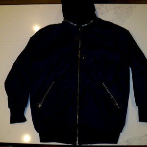 Navy blue TNA Jacket with removable leather hood